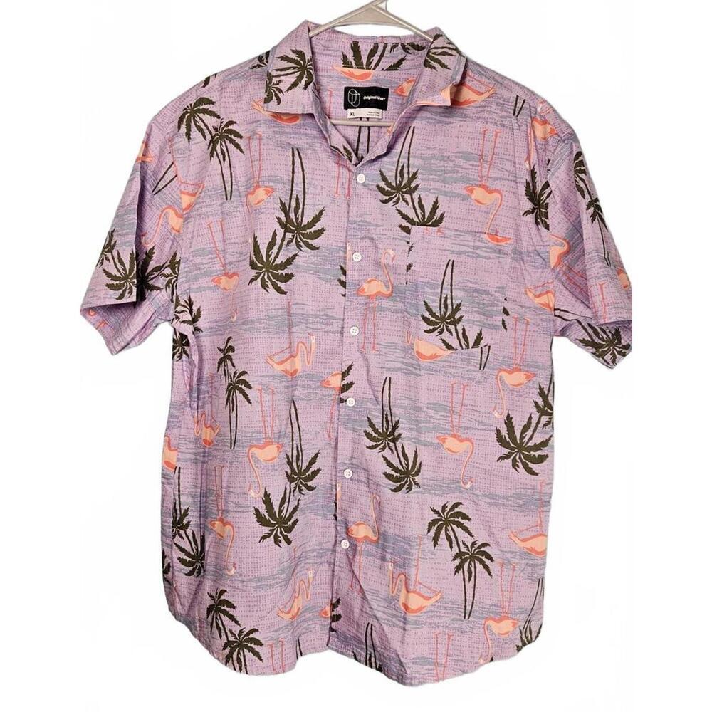 Original Use Men's Purple Buttoned‎ Hawaiian Shirt w/ Flamingos & Palm Trees XL